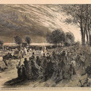 People escaping the Chicago Fire by fleeing into the cemetery in Lincoln Park, 1871 